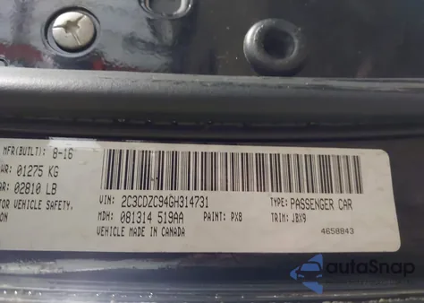 2016 Dodge Challenger Srt Hellcat из США, поврежденный, VIN 2C3CDZC94GH314731